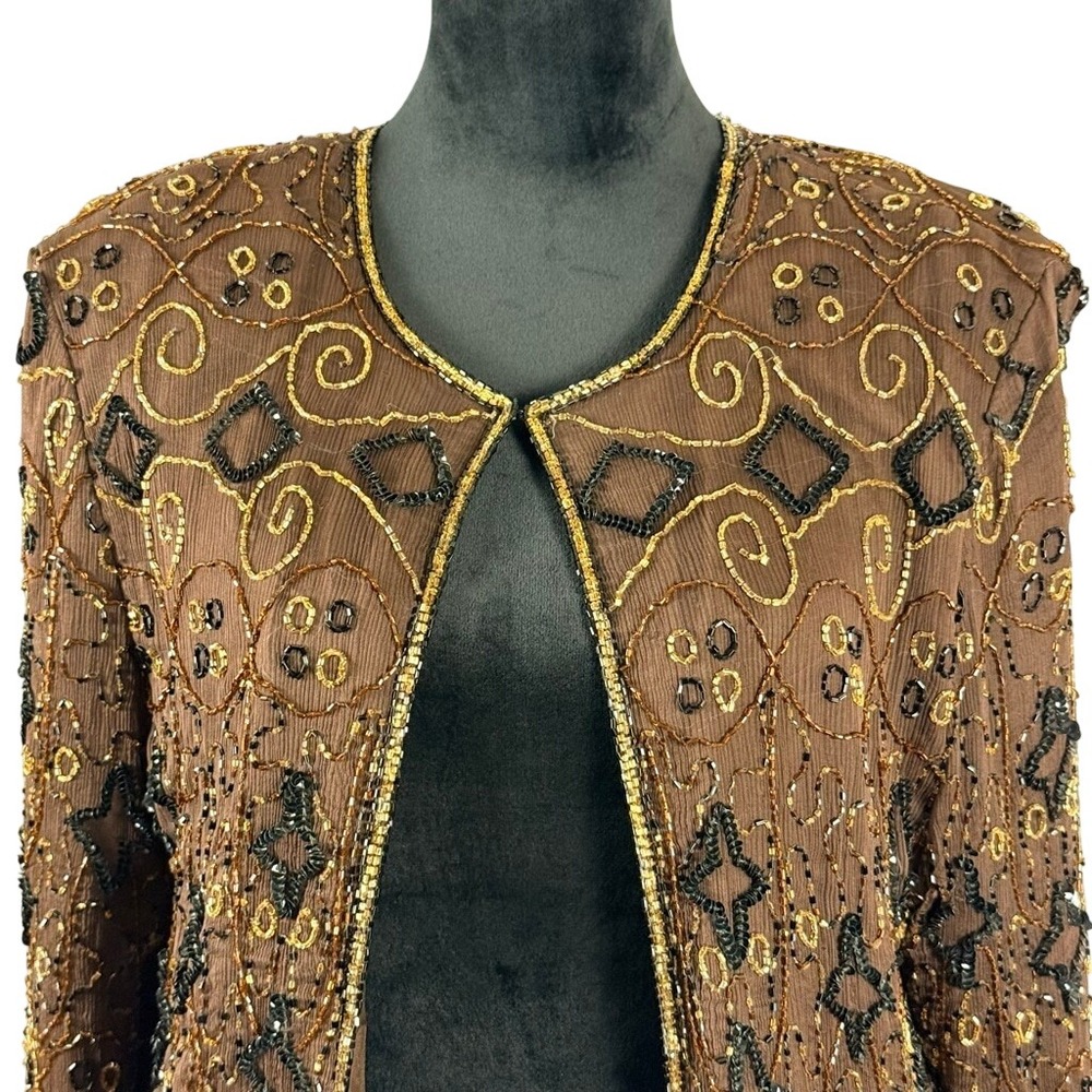 JMD New York Beaded Silk Jacket Womens 2X Brown‎ Gold Sequin Open Duster Good